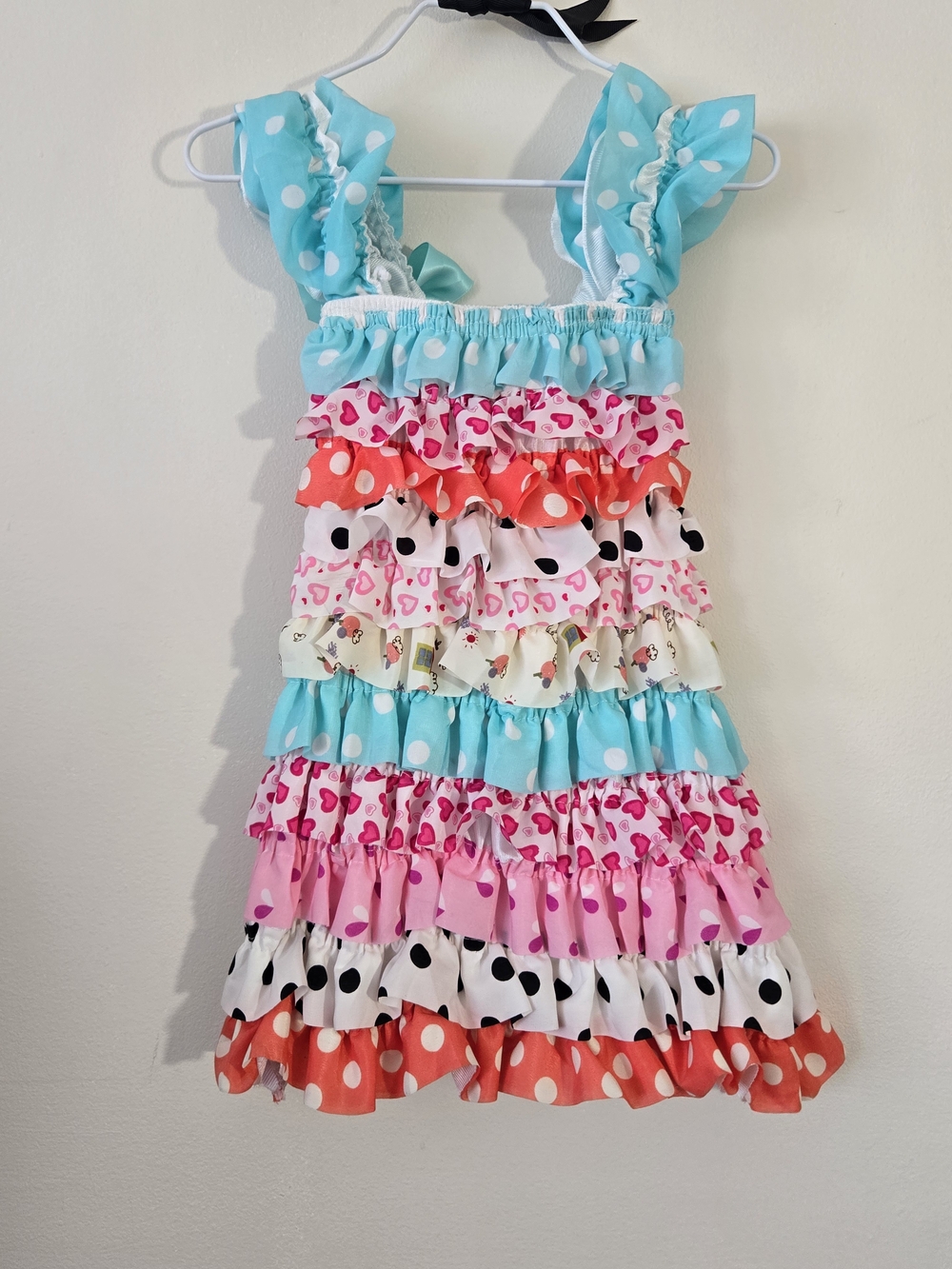 Girls Ruffled Multicolor Polka Dot & Heart Tiered Dress